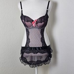 Victoria’s Secret Black Lace Sheer Polka Dot Babydoll Chemise Pink Bow 36C